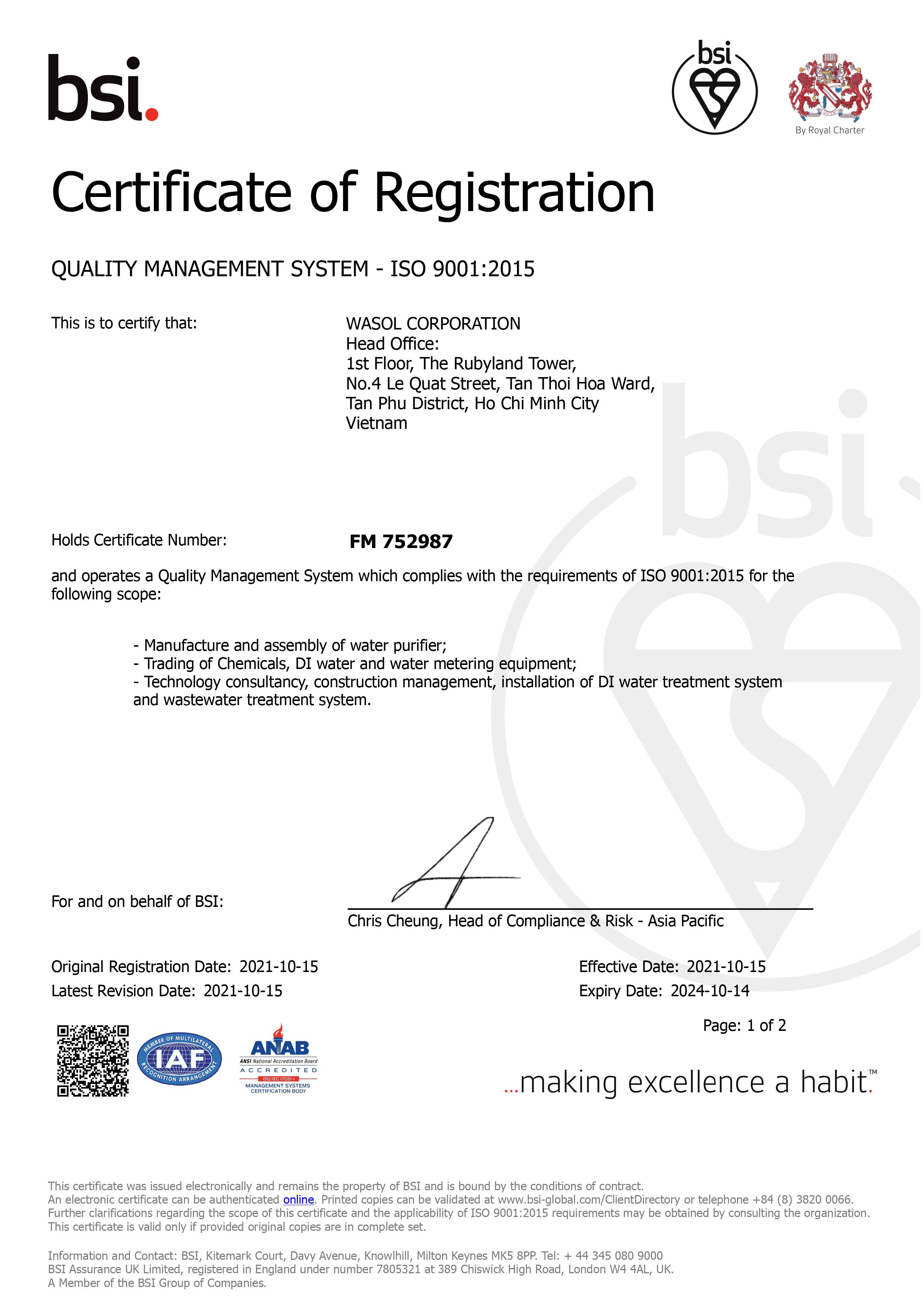 ISO 9001:2015 by the British Standard Institution - BSI Vietnam